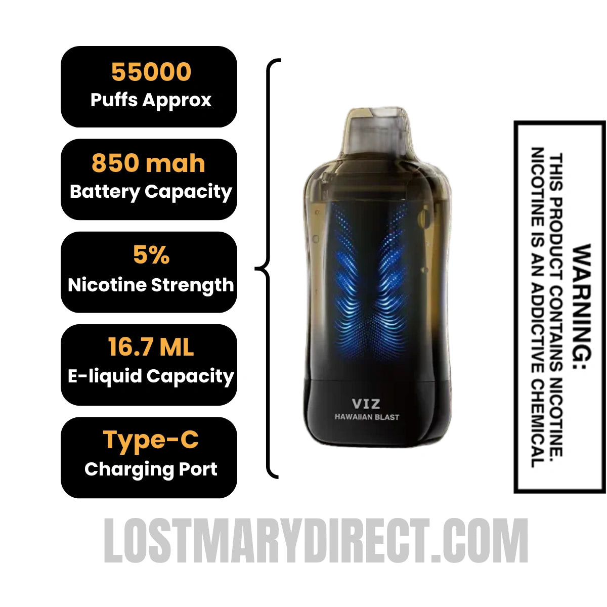 Hawaiian Blast Lost Mary VIZ 55K Disposable Vape Specifications