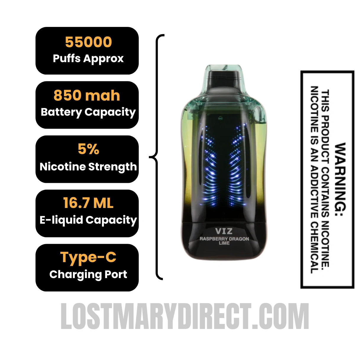 Raspberry Dragon Lime Lost Mary VIZ 55K Disposable Vape Specifications