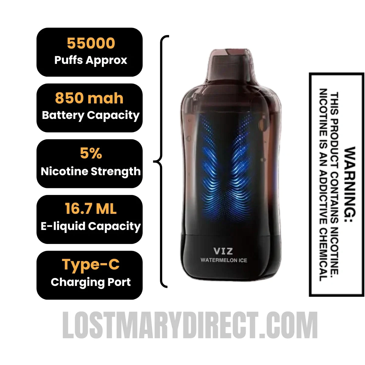 Watermelon Ice Lost Mary VIZ 55K Disposable Vape Specifications