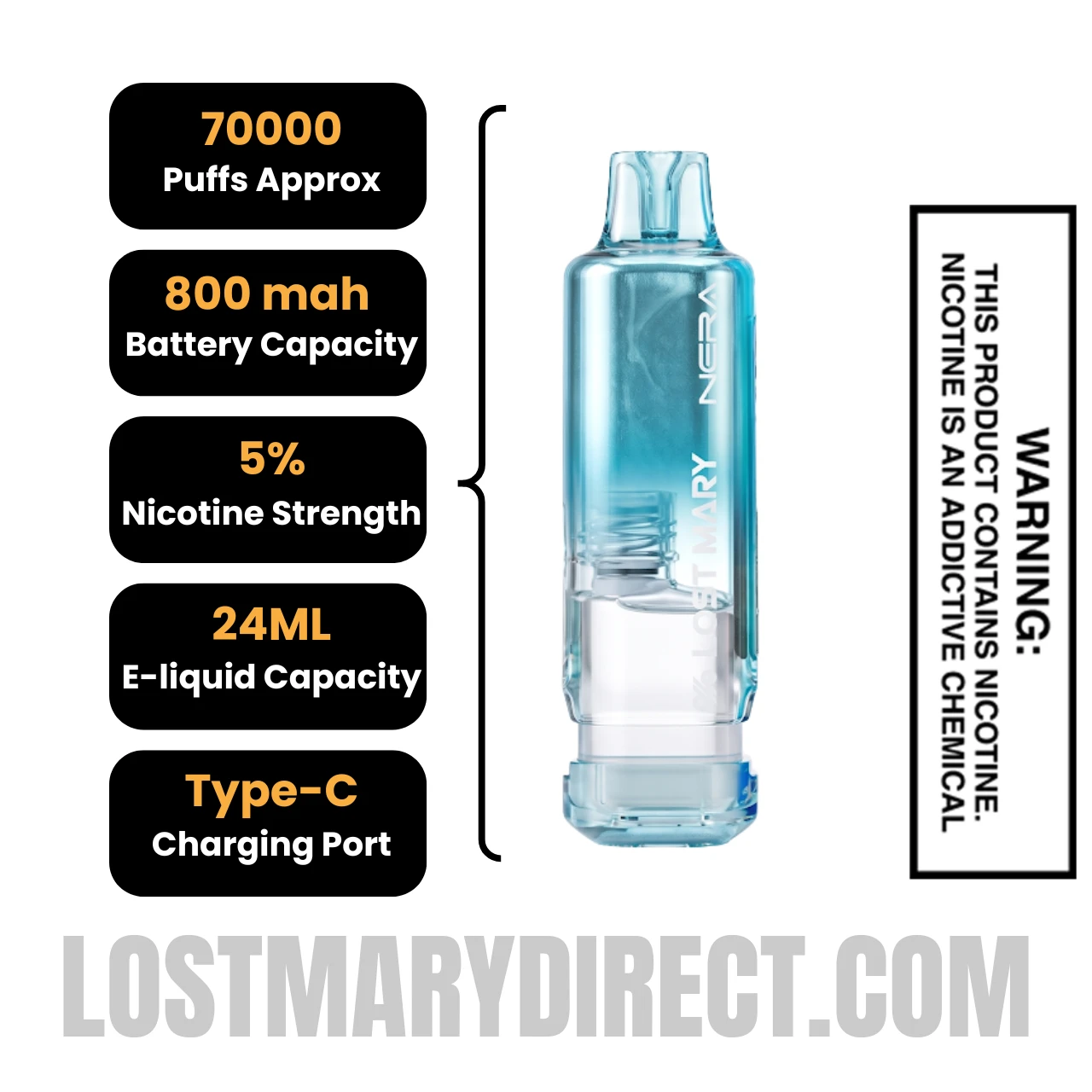 Clear Lost Mary Nera Fullview 70K Disposable Vape Pod with Specification
