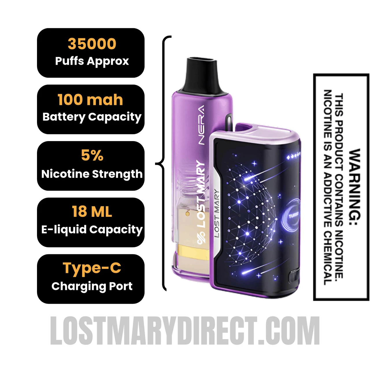 Rocket Freeze Lost Mary Nera Fullview 70K Disposable Kit with Specification