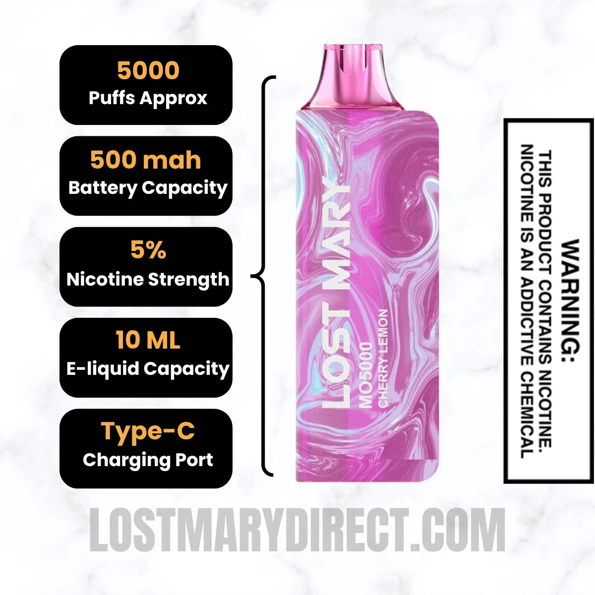 Cherry Lemon Lost Mary MO5000 Disposable Vape Specifications