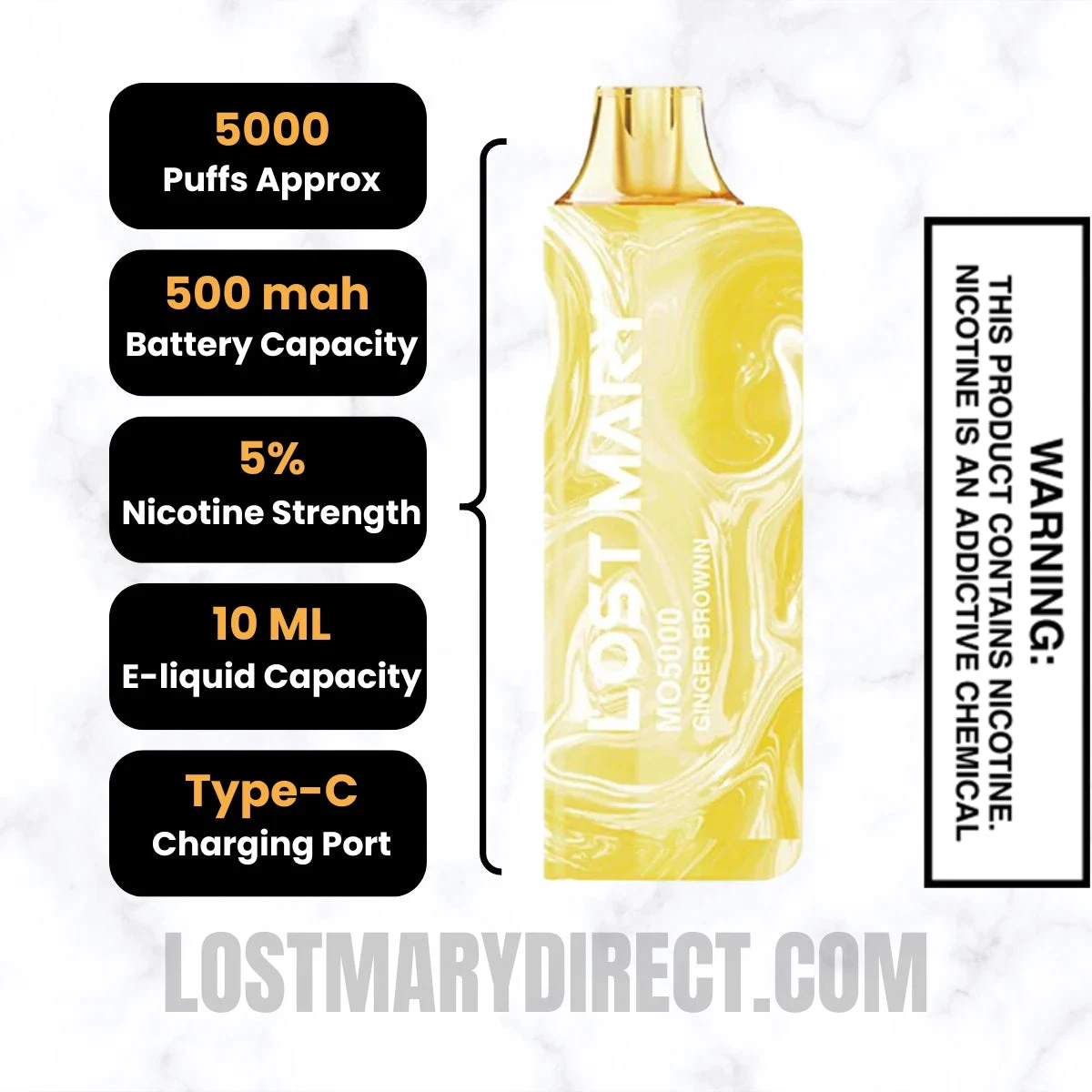 Ginger Brown Lost Mary MO5000 Disposable Vape Specifications