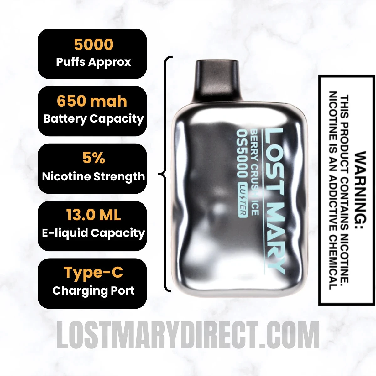 Berry Crush Ice Lost Mary OS5000 Luster Edition Vape Specifications
