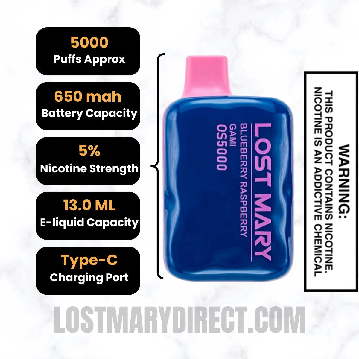Blueberry Raspberry Gami Lost Mary OS5000 Disposable Vape Specifications
