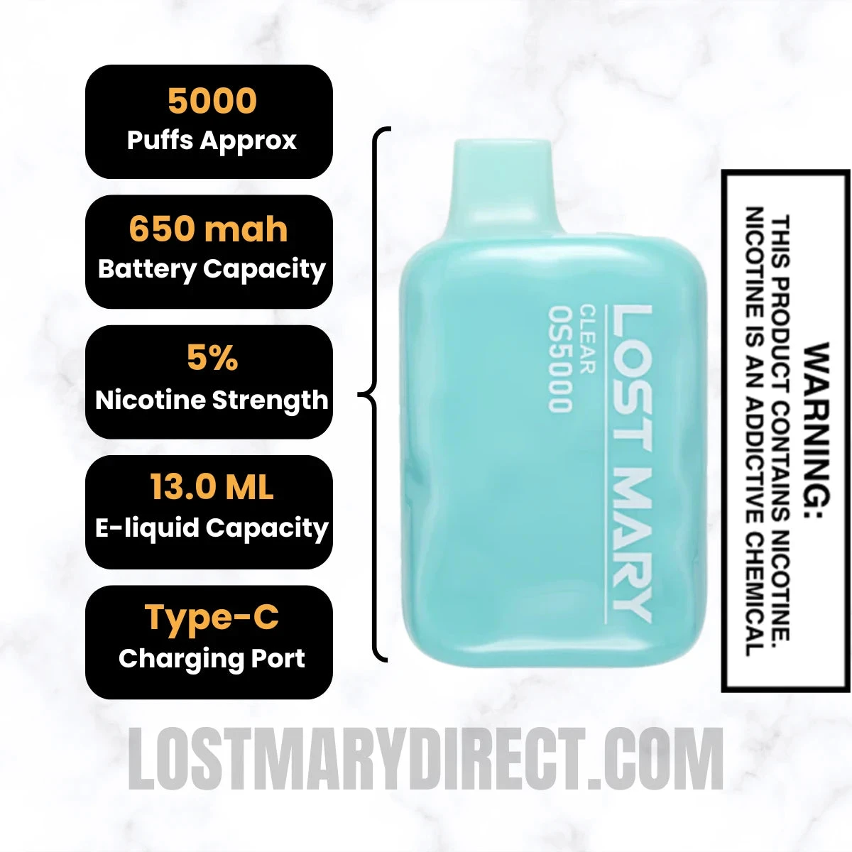 Clear Lost Mary OS5000 Disposable Vape Specifications