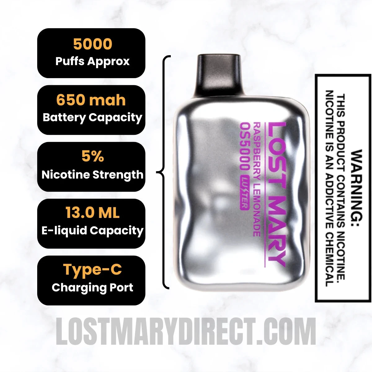 Raspberry Lemonade Lost Mary OS5000 Luster Edition Vape Specifications