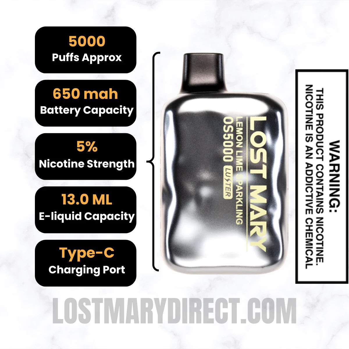 Lemon Lime Sparkling Lost Mary OS5000 Luster Edition Vape Specifications