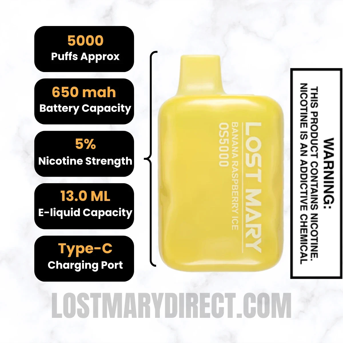 Banana Raspberry Ice Lost Mary OS5000 Disposable Vape Specifications