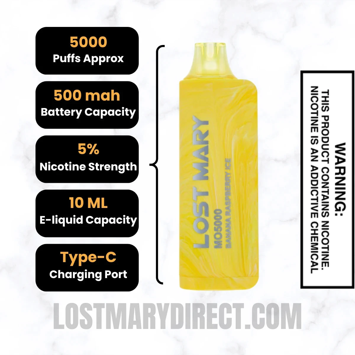 Banana Raspberry Ice Lost Mary MO5000 Disposable Vape Specifications