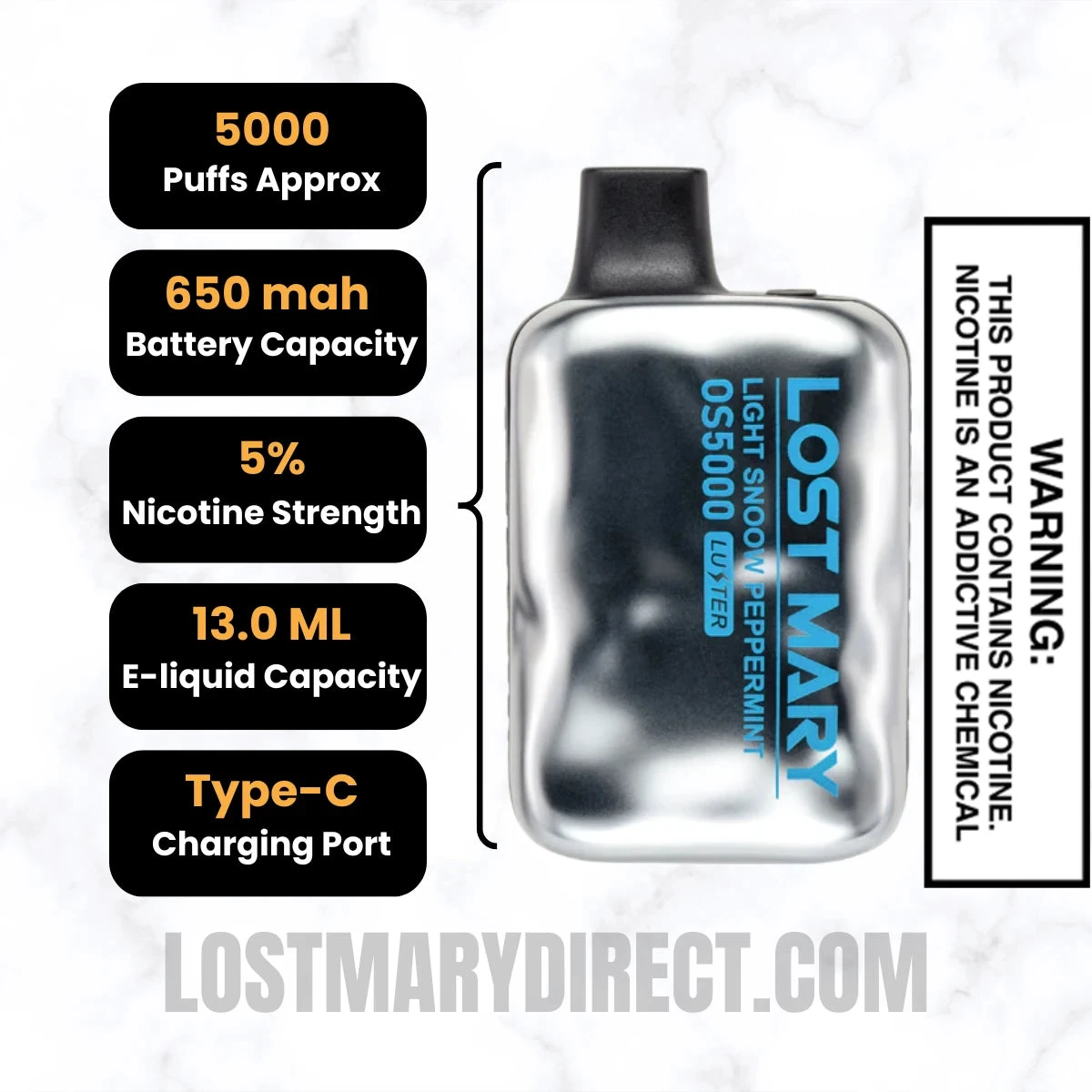 Light Snow Peppermint Lost Mary OS5000 Luster Edition Vape Specifications