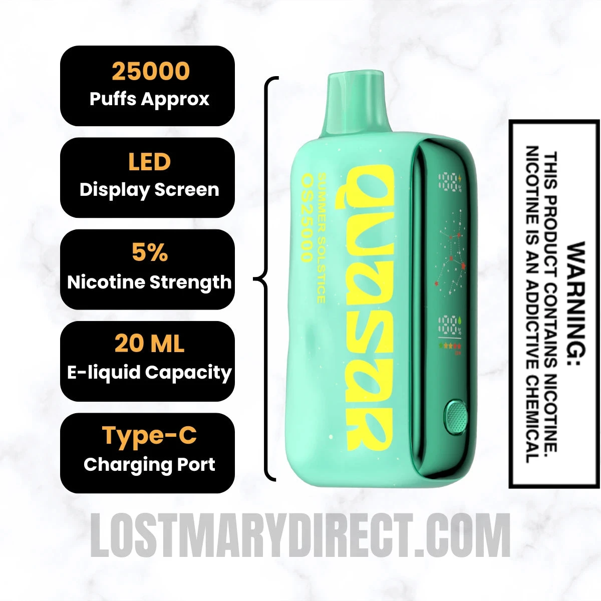 Summer Solstice Lost Mary Quasar OS25000 Diposable Vape Specifications