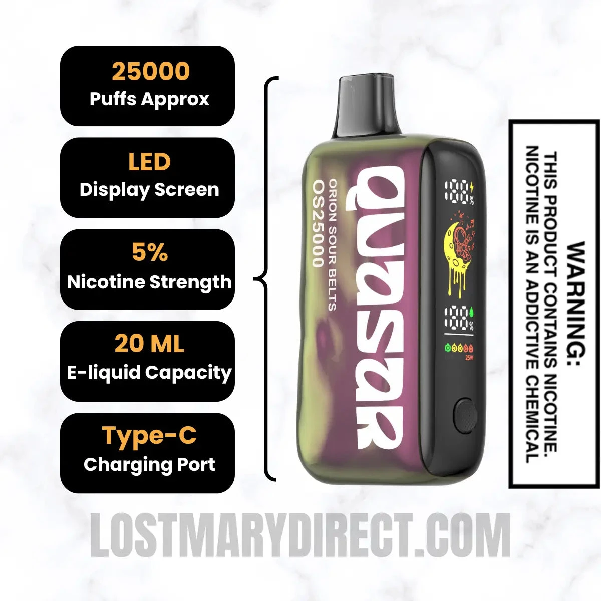 Orion Sour Belts  Lost Mary Quasar OS25000 Diposable Vape Specifications
