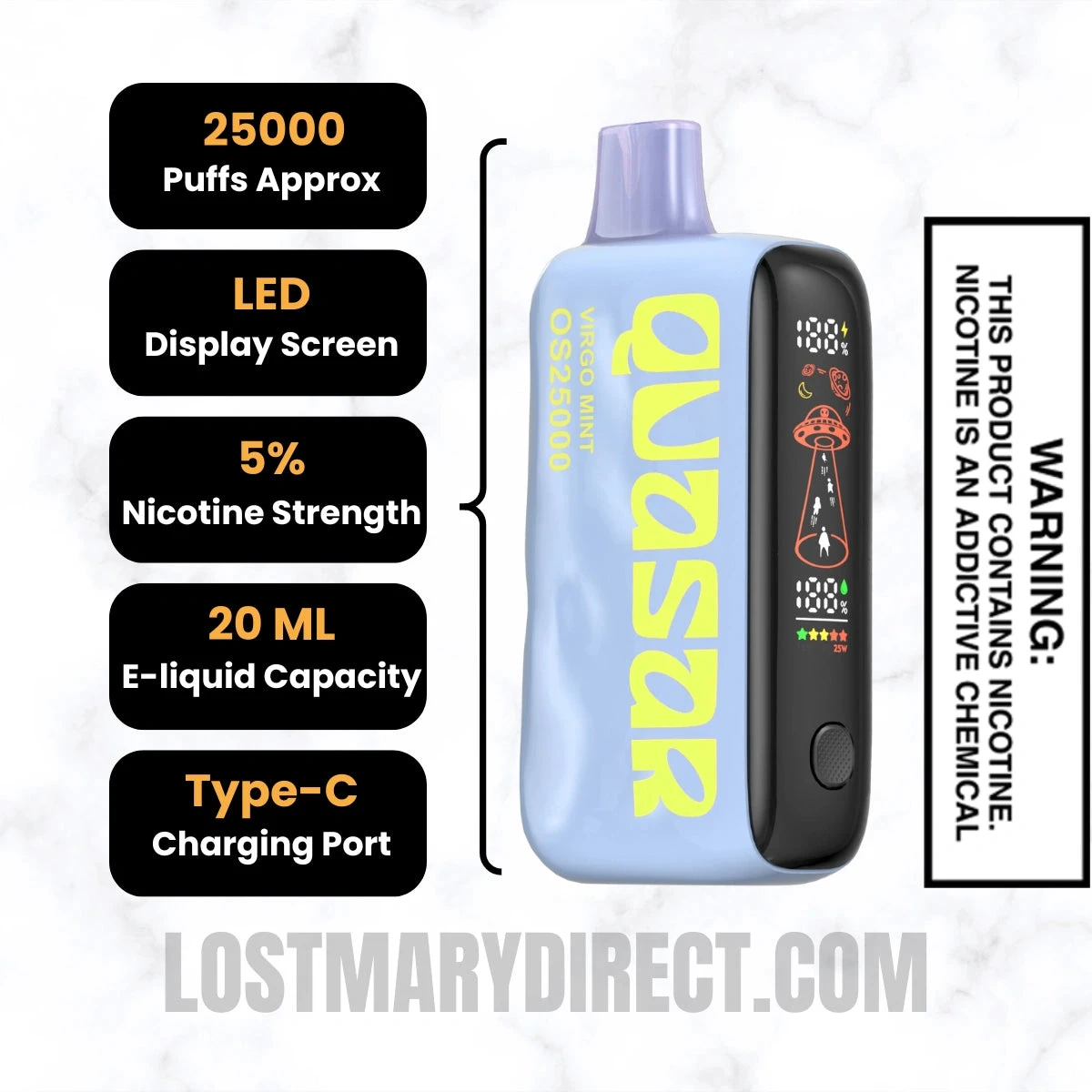 Virgo Mint Lost Mary Quasar OS25000 Diposable Vape Specifications