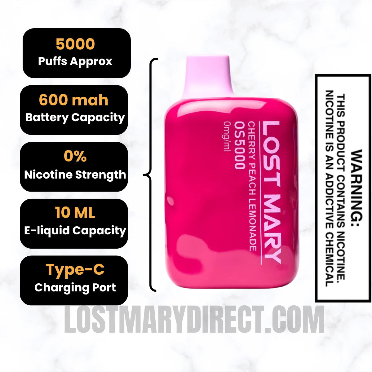 Cherry Peach Lemonade Lost Mary OS5000 Zero Nicotine Vape Specifications