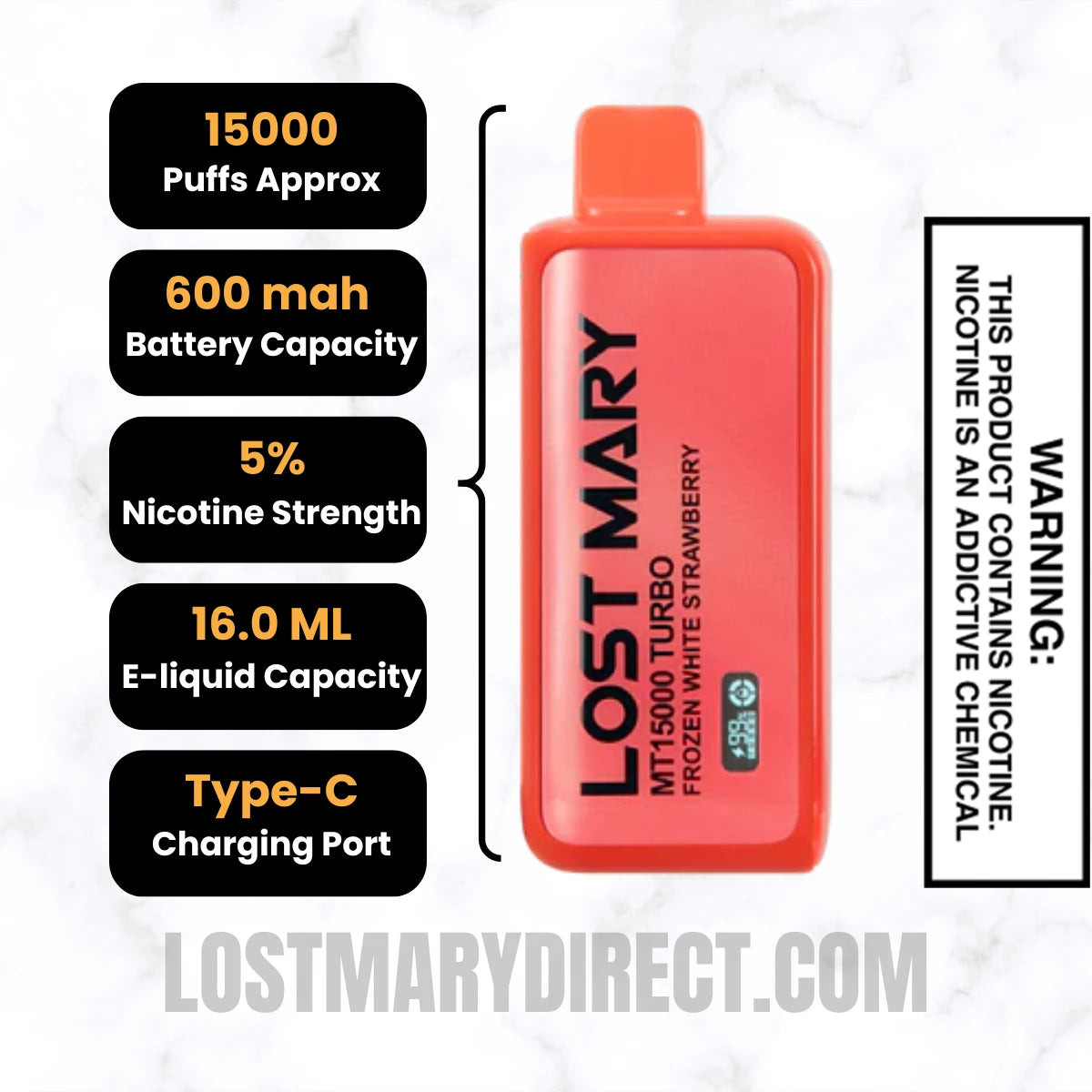 White Strawberry Lost Mary MT15000 TURBO Frozen  Edition Specifications
