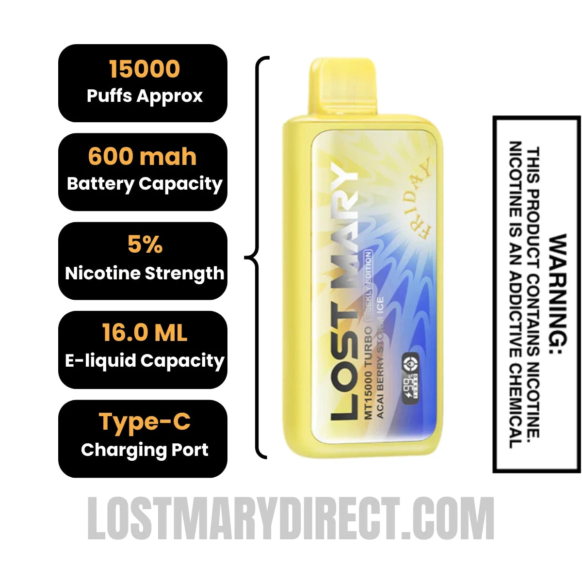 Acai Berry Storm Ice Lost Mary MT15000 TURBO (Friday) Vape Specifications