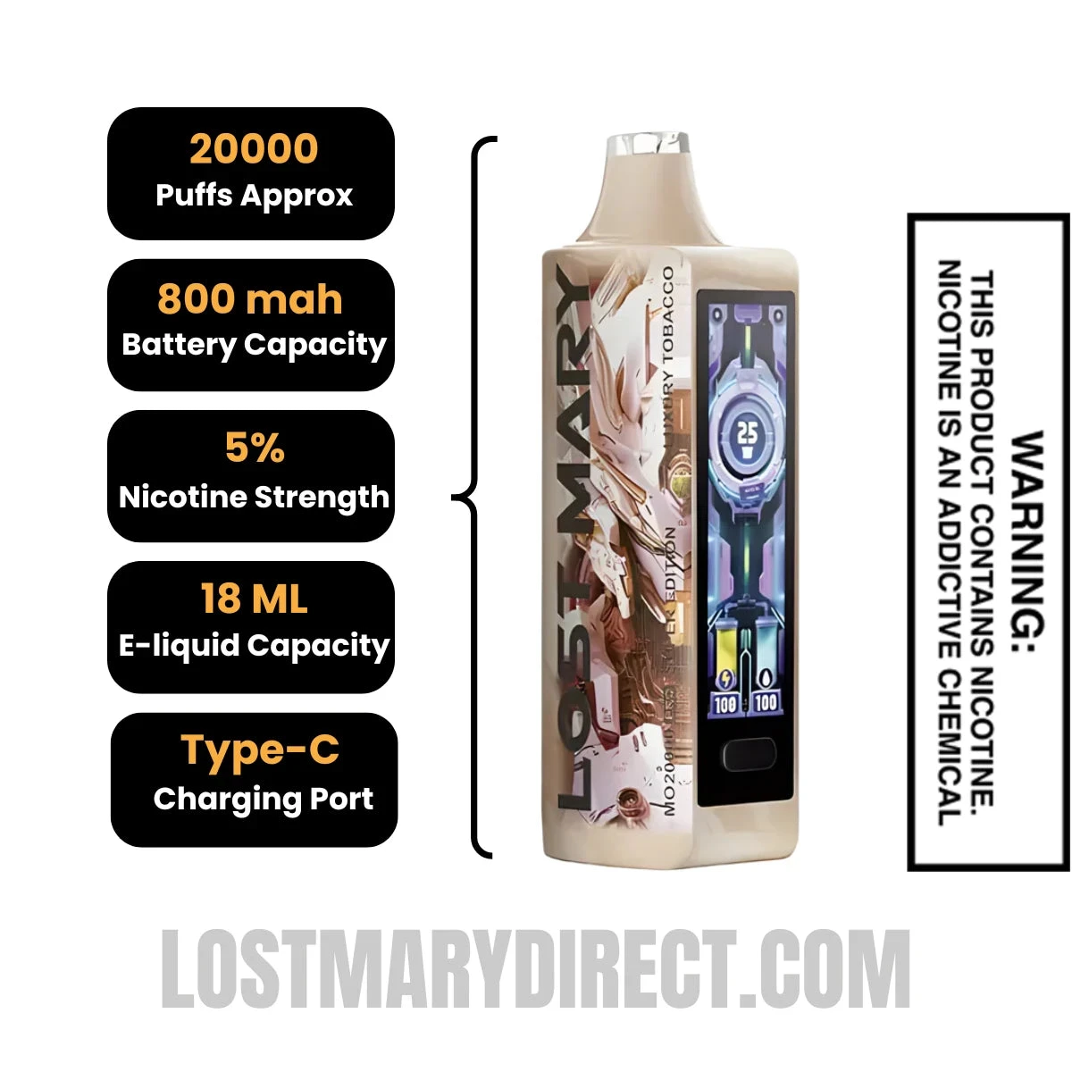 Luxury Tobacco Lost Mary MO20000 Pro Vape Specifcations