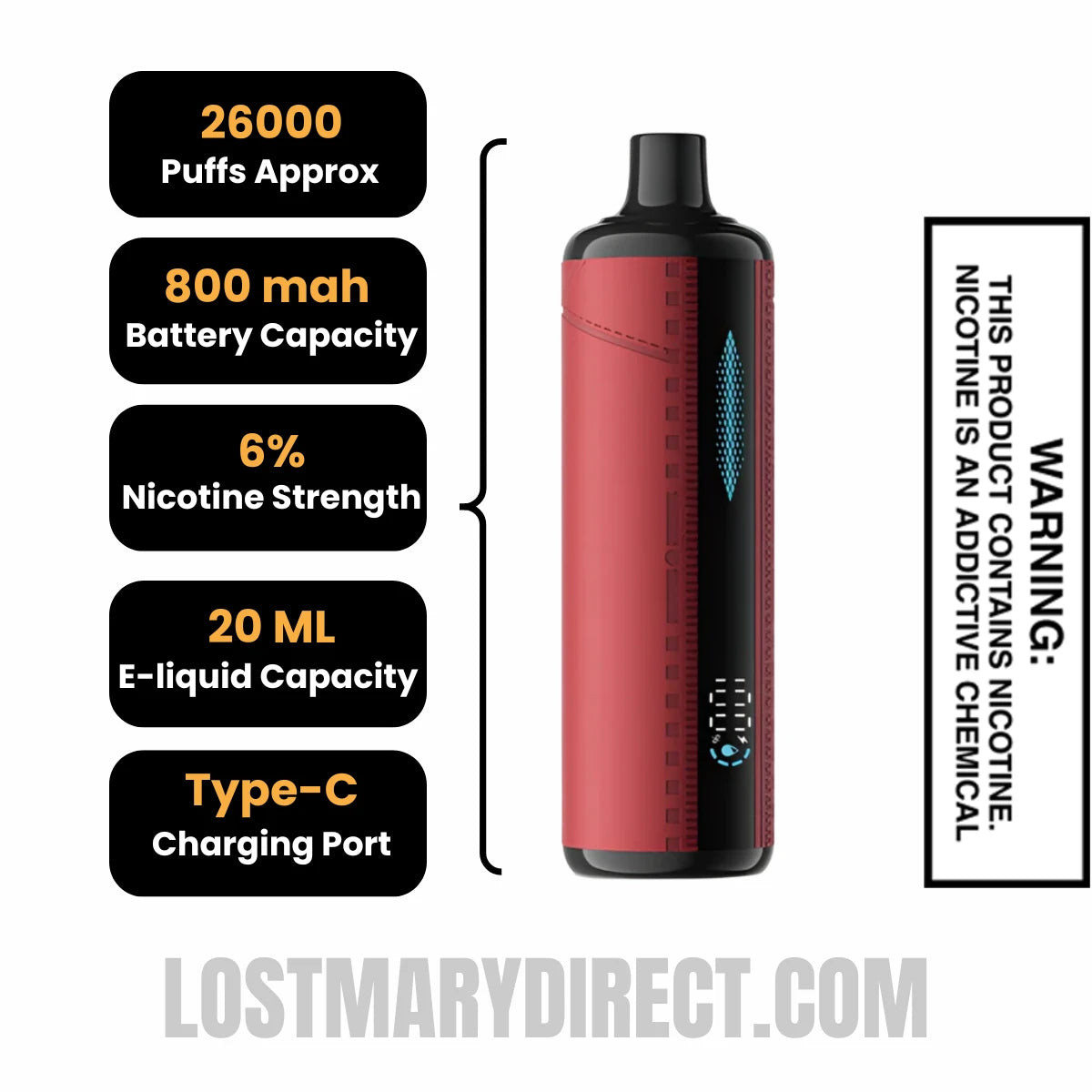 Watermelon Ice Urban Tale x Lost Mary E-Hookah Disposable Vape Specifications