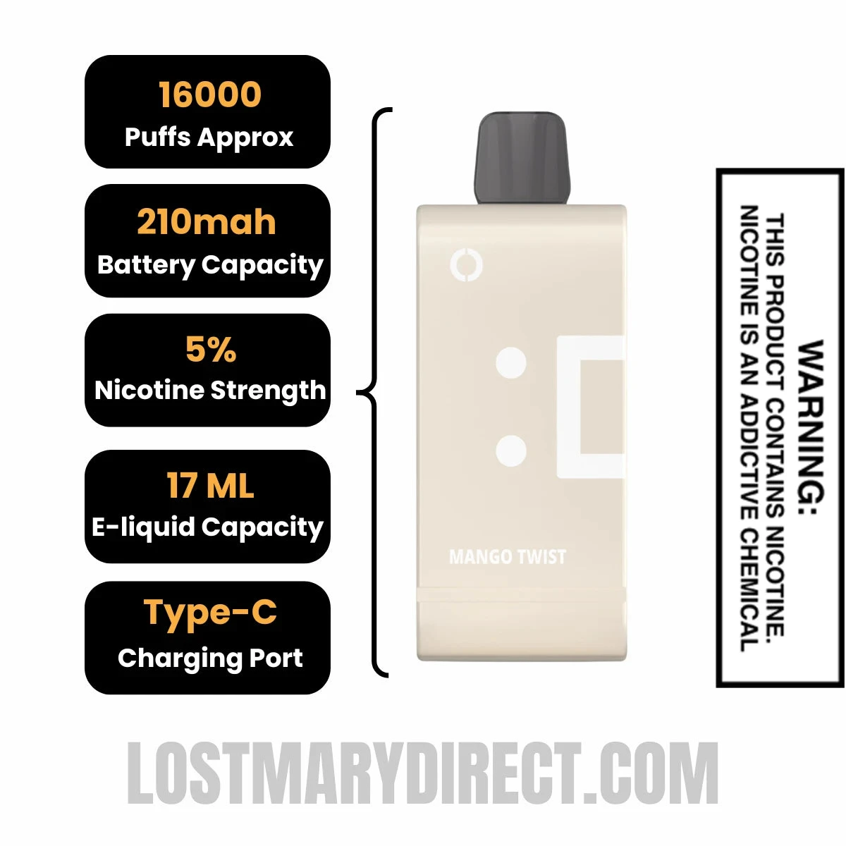 Mango Twist Off Stamp SW16000 Disposable Pod Specifications