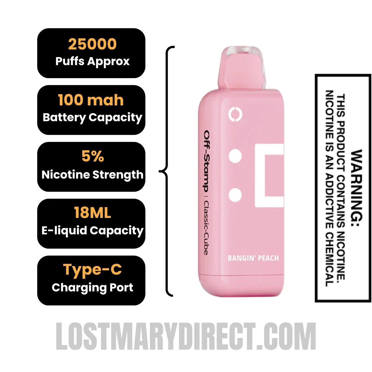 Bangin Peach Off Stamp Classic Cube 25K Disposable Pod Specifications