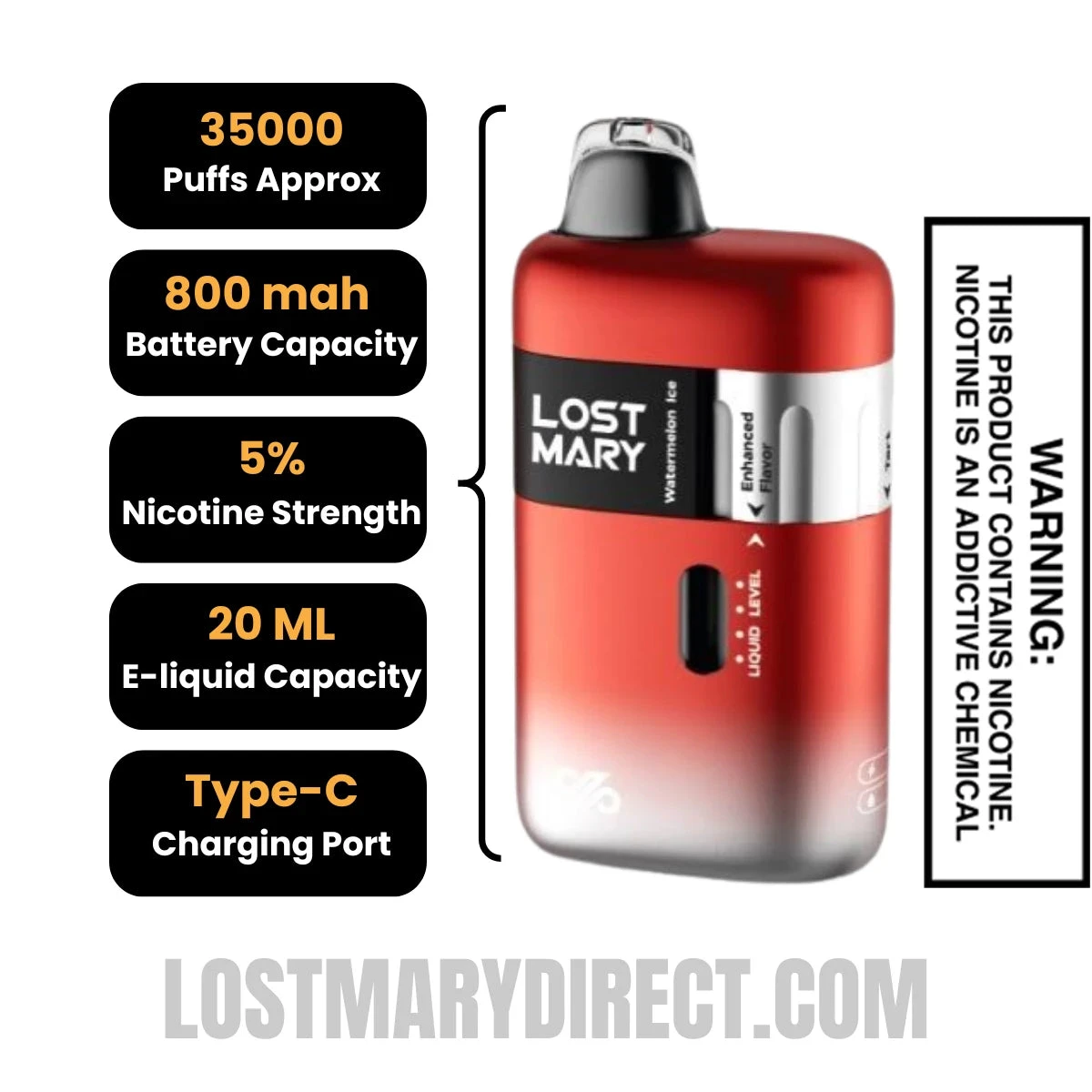 Watermelon Ice Lost Mary Ultrasonic 35K Disposable Vape Specifactions