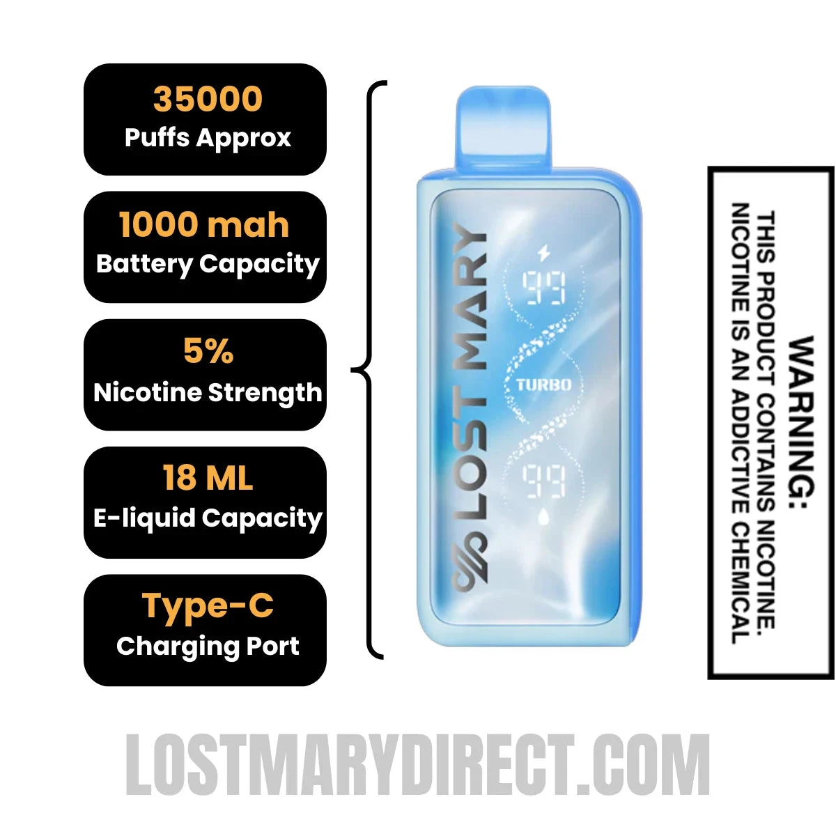 Orange Passion Mango Lost Mary MT35000 Turbo Vape Specification