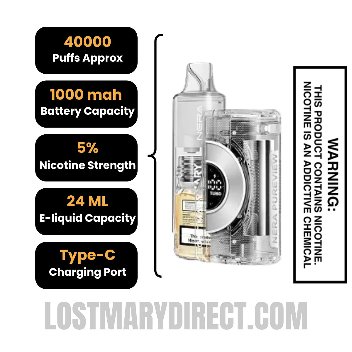 Dragon Strawnana Lost Mary Nera Pureview 40K Vape Kit Specification
