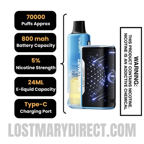 Blue Razz Ice Lost Mary Nera Fullview 70K Vape Kit Specification