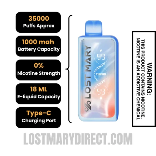 Blue Razz Ice Lost Mary MT35000 Disposable Vape - 0% Nic Specifications