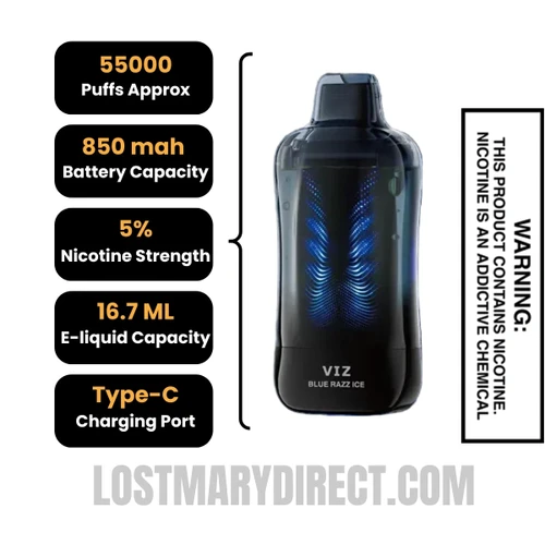Blue Razz Ice Lost Mary VIZ 55K Disposable Vape Specifications