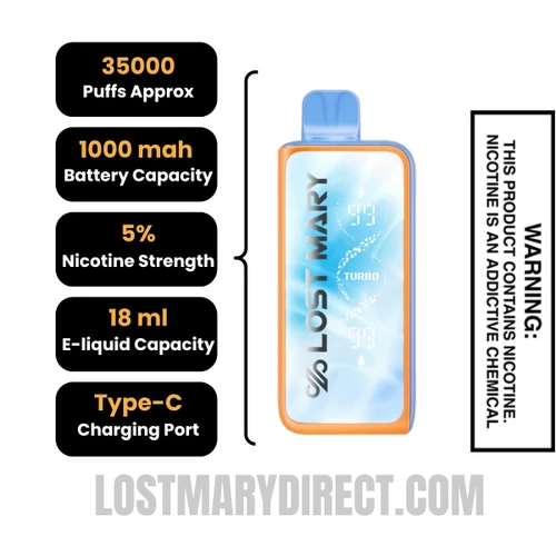 Blue Razz Cotton Carnival Lost Mary MT35000 Turbo Vape Specifications