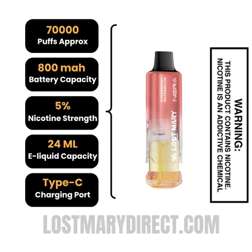Strawberry Watermelon Lost Mary Nera Fullview 70K Disposable Vape Pod with specifications