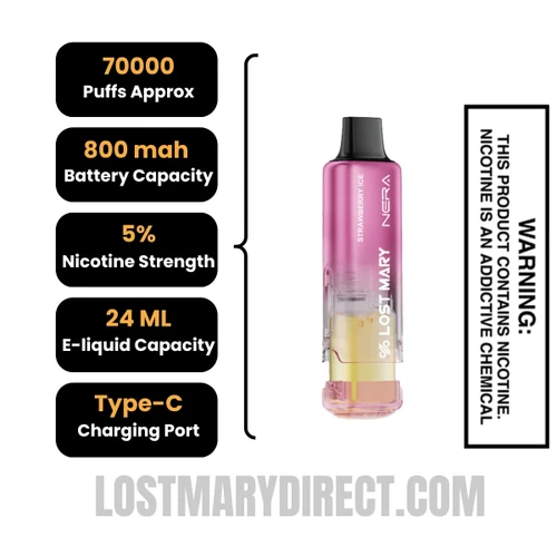 Strawberry Ice Lost Mary Nera Fullview 70K Disposable Vape Pod with Specifications