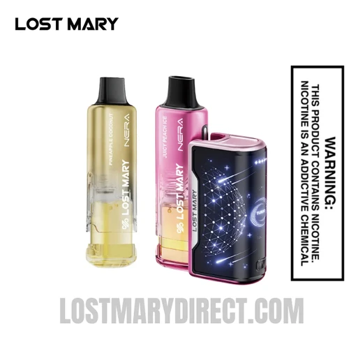 Juicy Peach Ice & Pineapple Coconut Lost Mary Nera Fullview 70K Disposable Vape Kit