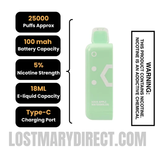 Sour Apple Watermelon Off Stamp Classic Cube 25K Disposable Pod with specifications