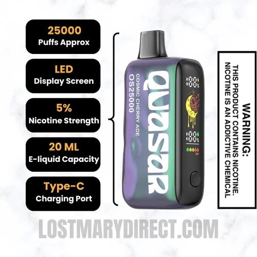 Cosmic Cherry Ade  Lost Mary Quasar OS25000 Diposable Vape Specifications