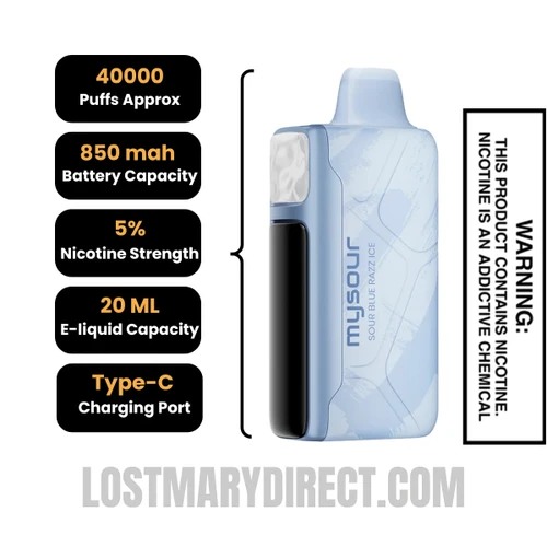 Sour Blue Razz Ice Adjust MySour 40K Disposable Vape Specification