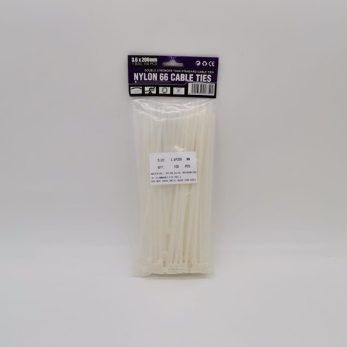 Nylon cable ties 8" x 3.6mm white (100pcs/pkt)