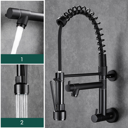 Wall mounted kitchen faucet with pull down sprayer black