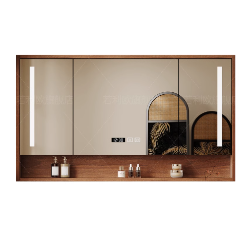 MID-CENTURY STYLE WALNUT-COLORED BATHROOM MIRROR CABINET 90CM*70CM (LED BEAUTY LIGHT-TIME-ANTI FOG-STORAGE)