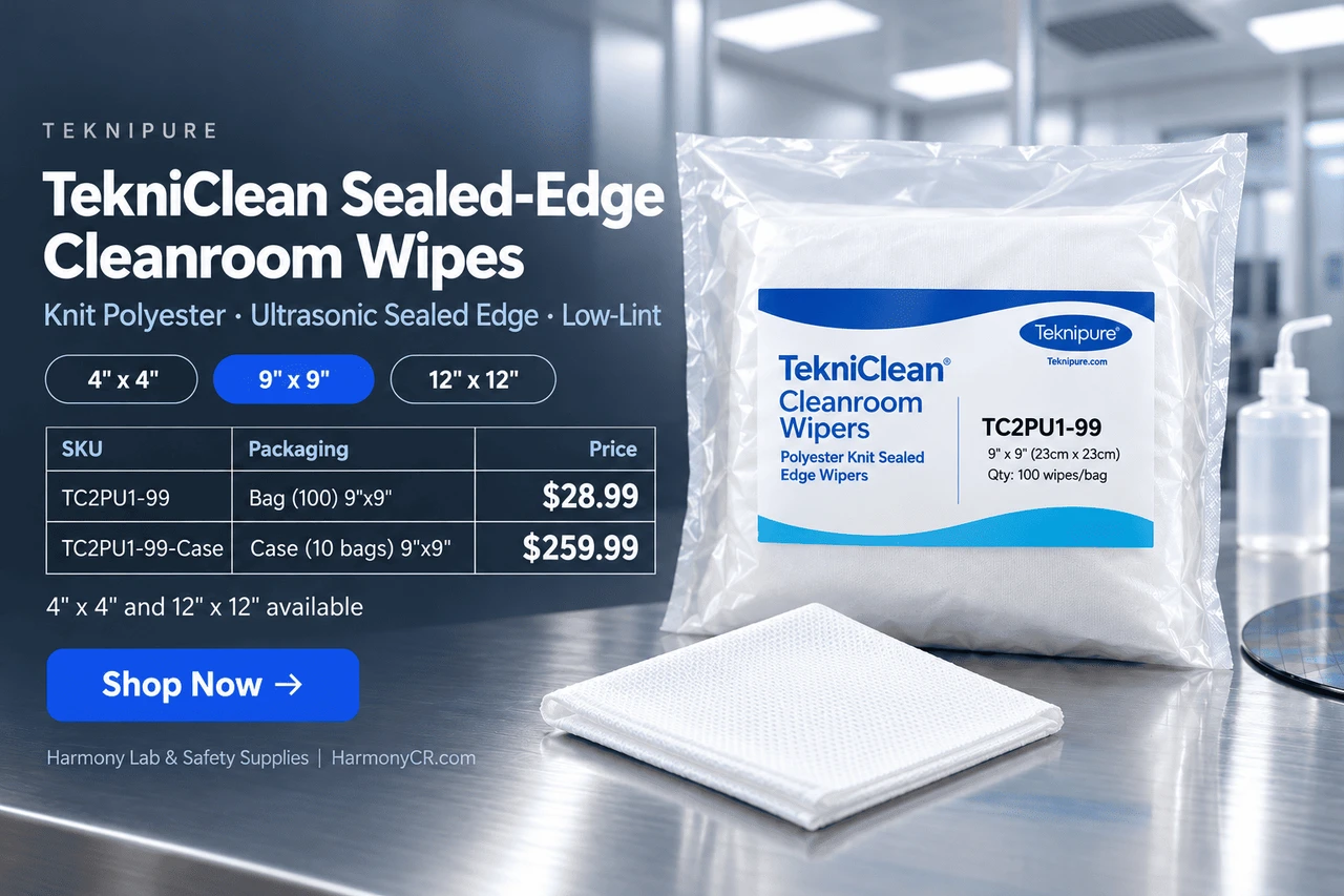TekniClean Knit Polyester Cleanroom Wipes, Ultrasonic Sealed Edge, Lint Free (3 Sizes) at Harmony Lab