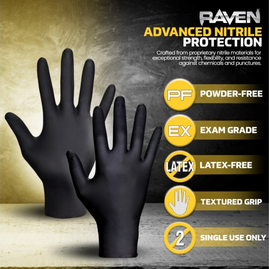 Raven Classic Black Nitrile Gloves, Exam Grade, 7 mil, 100/box