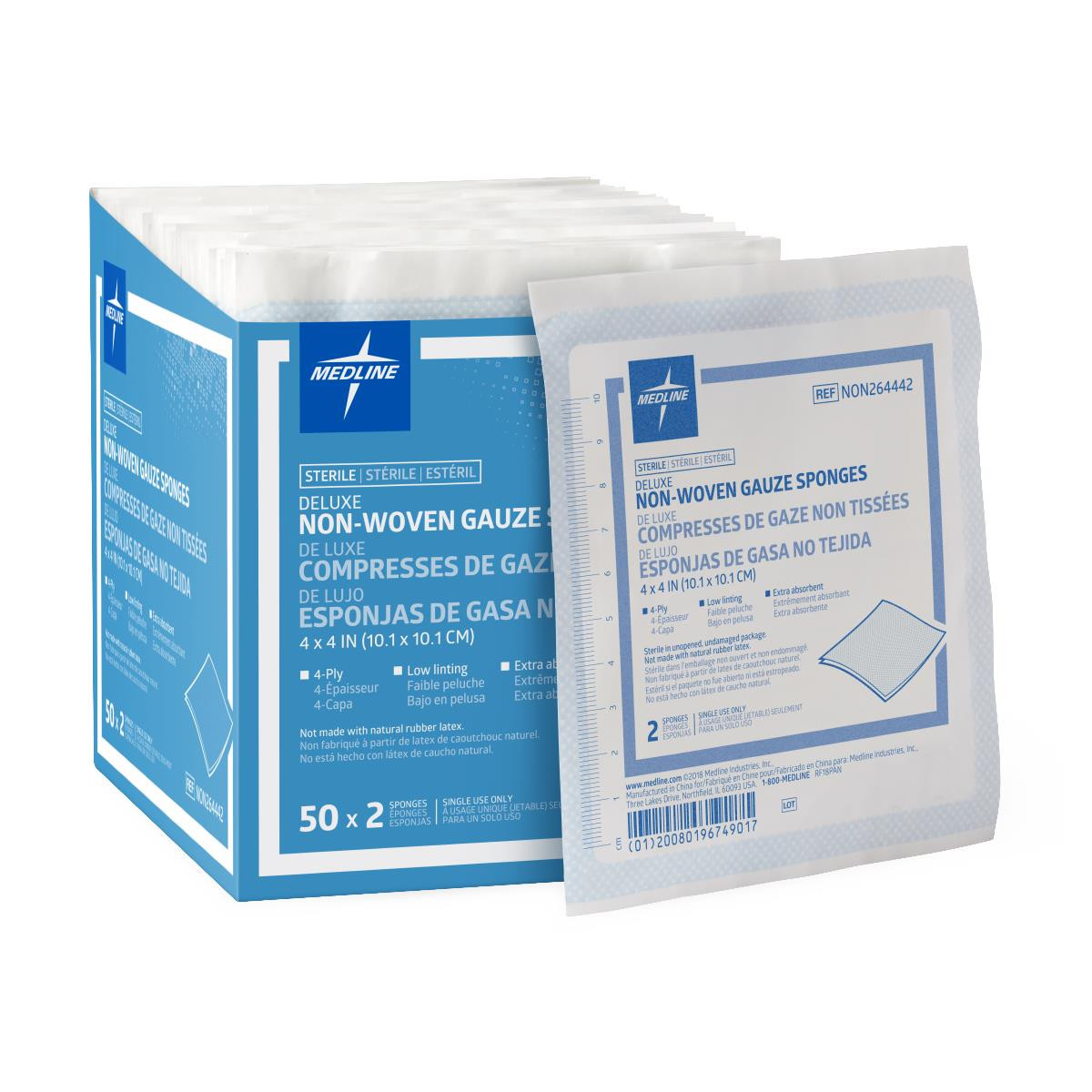 Medline Deluxe 4-Ply Sterile Nonwoven Gauze Sponge, 4