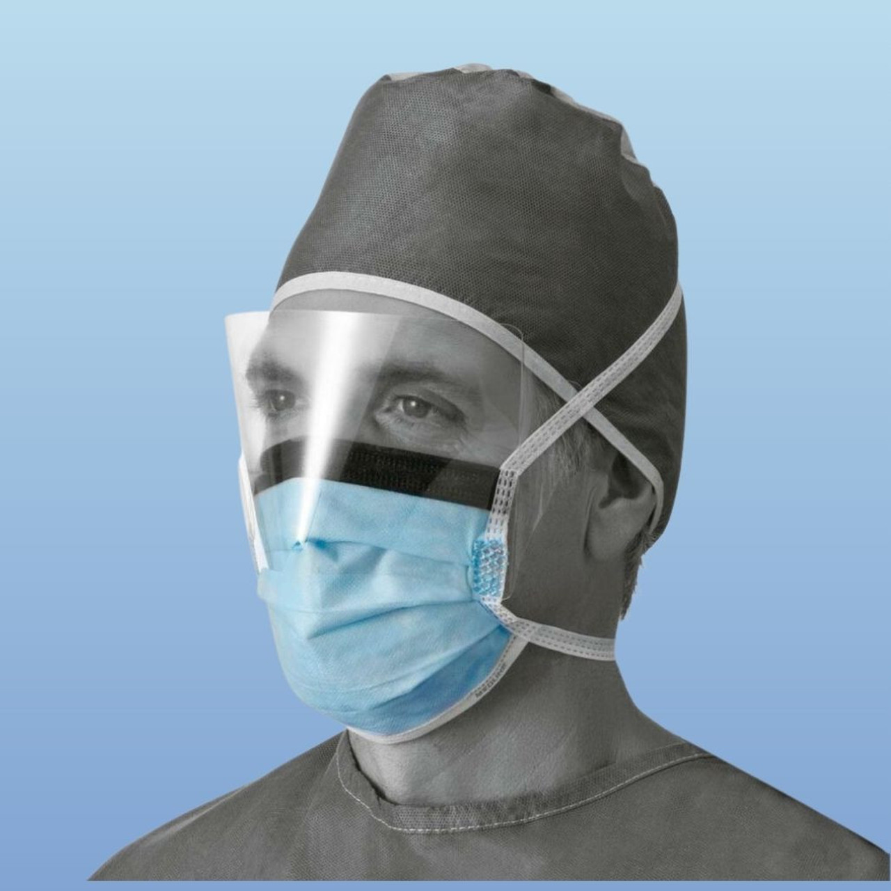 Surgical Face Masks with Anti-Fog EyeShield and Ties, Blue, 25/box