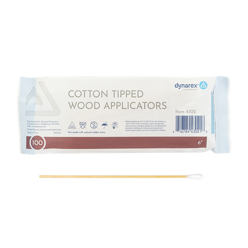Dynarex Regular Tip Cotton Swab, 6 in. Wood Shaft, 1000/box, Damaged Box Item