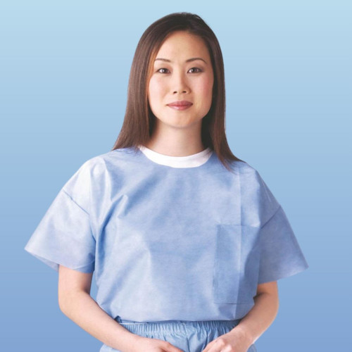 Medline  Unisex Disposable Blue Scrub Shirts, Round Neck, 30/case
