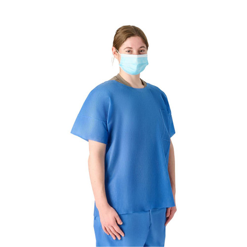Unisex Disposable Blue Scrub Shirts, Round Neck, 30/case, 6 Sizes
