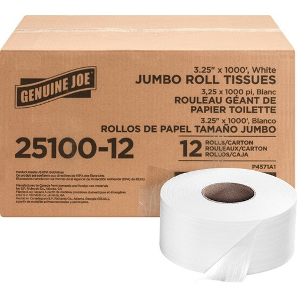   Genuine Joe Jumbo 2 Ply Toilet Tissue, 3.25" x 1000 ft., 12 rolls /case