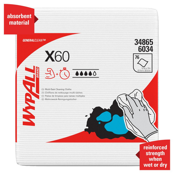  34865 Wypall X60 White Wipes, 12.5 x 12 in., Quarter-Fold, 12 packs/case